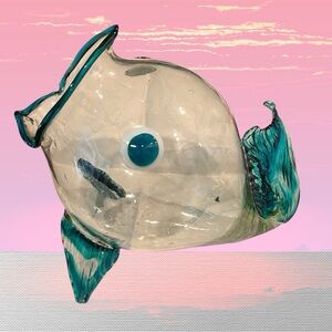 Vintage Blenko Style Fish Vase Retro 1960s MCM Clear, Blue And Teal.